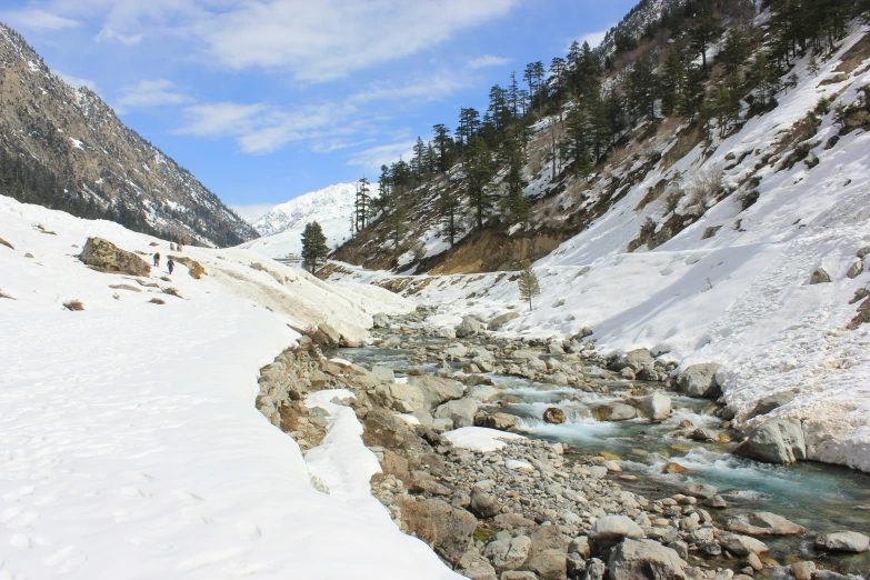 a snow covered road next to mountains with small creek in the middle