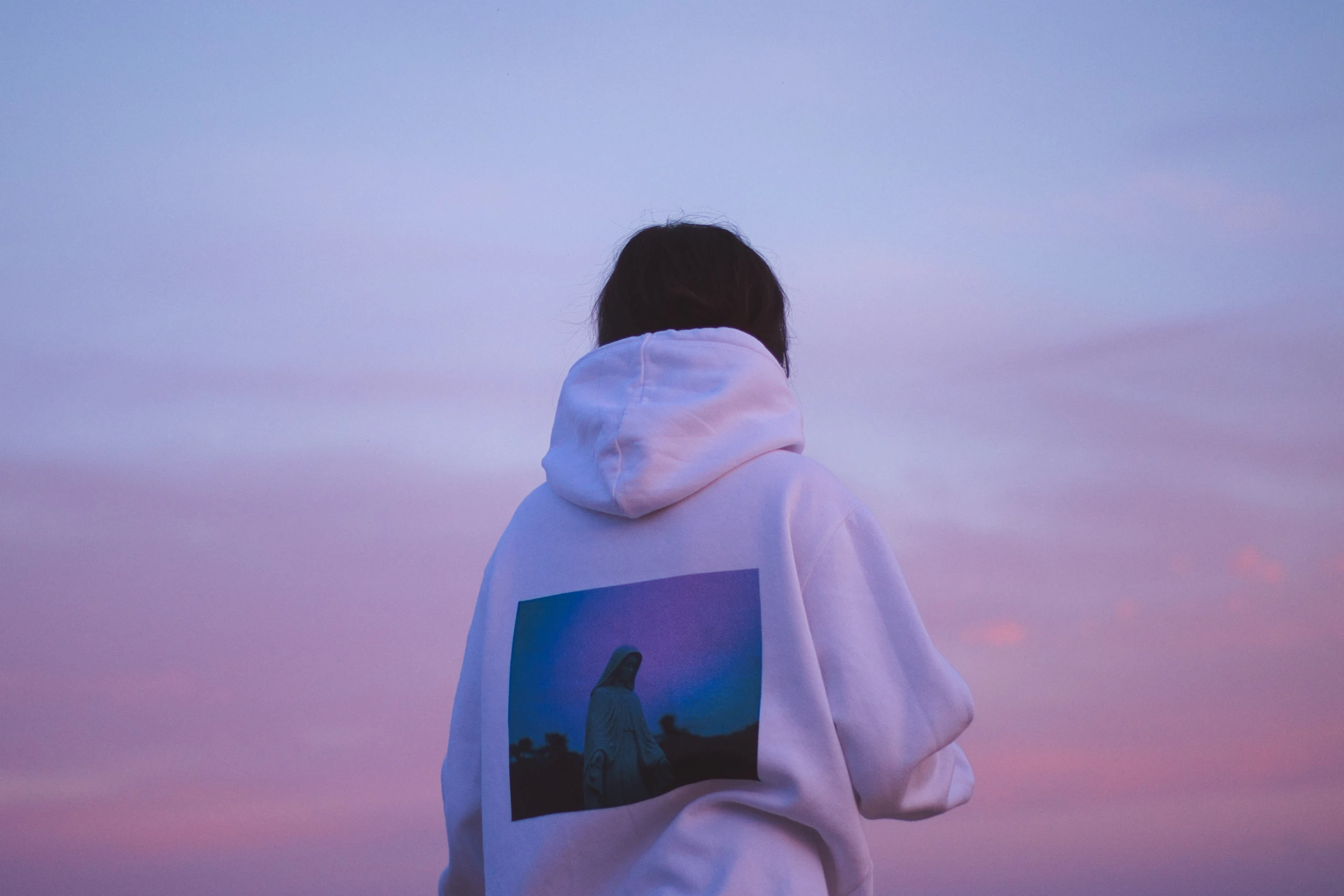 a person standing alone looking over a field