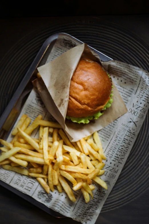 a tray that has some french fries and a hamburger on it