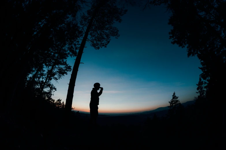 silhouette of a person standing at dusk with forest and mountain background