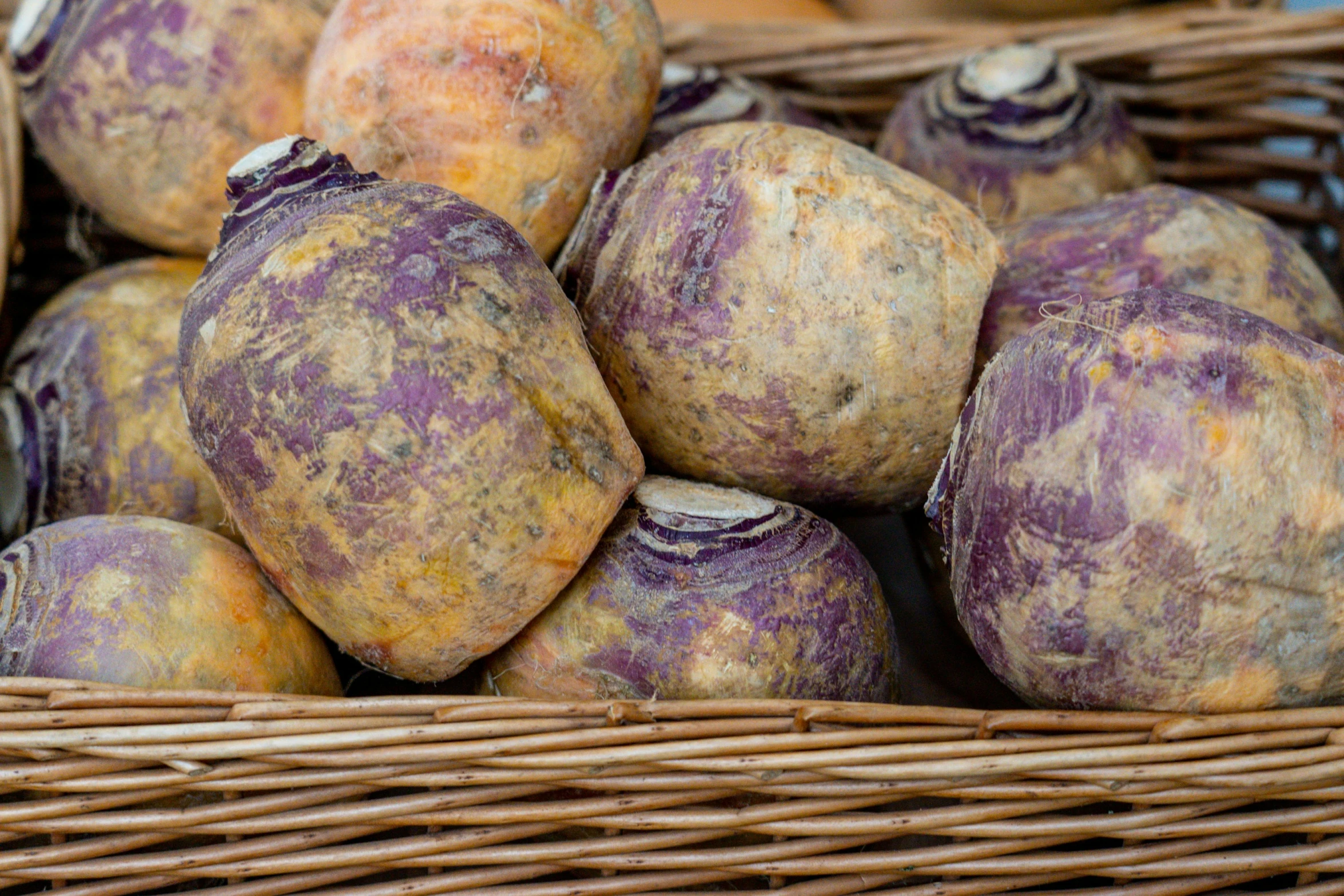 potatoes that have been aged and yellow have been arranged in baskets