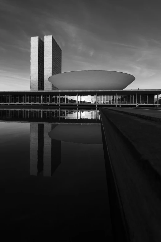 a black and white po shows the architecture of a large building