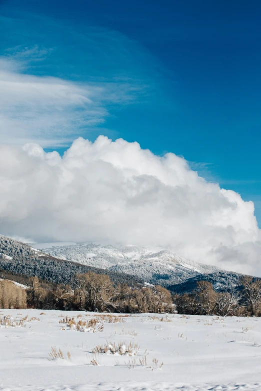 a lone skier skiing across snow covered ground with snow capped mountains in the distance