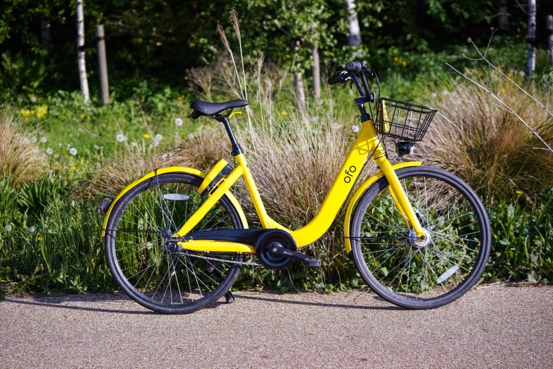 the bike has a large front tire, and a basket on it's front wheel