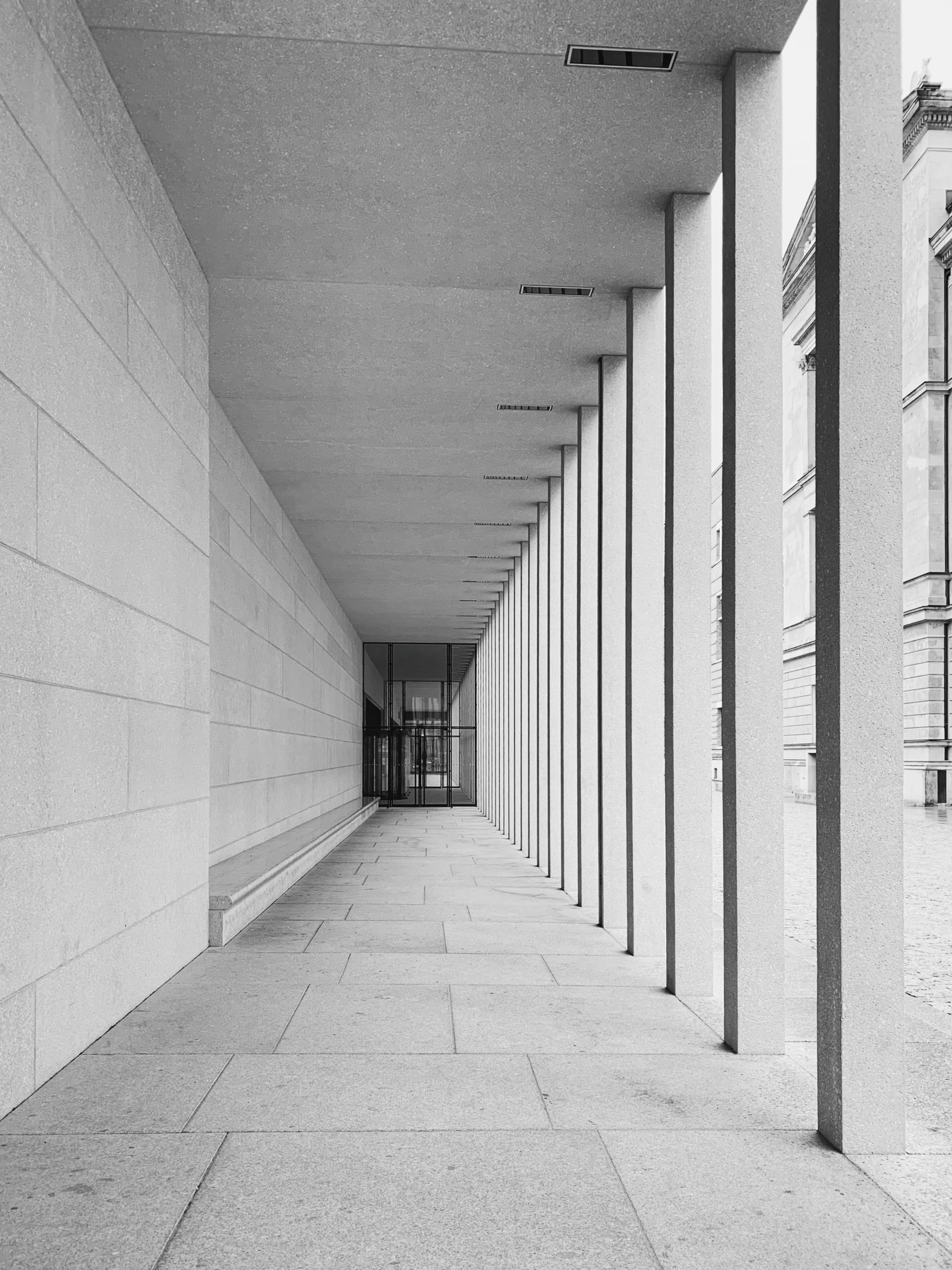 a line of windows is lined up on either side of the building