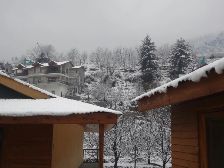 a home with the mountains in the background in winter