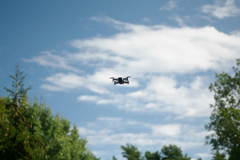 a plane flying above trees with blue skies in the background