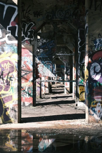 a covered passage between two buildings covered in graffiti