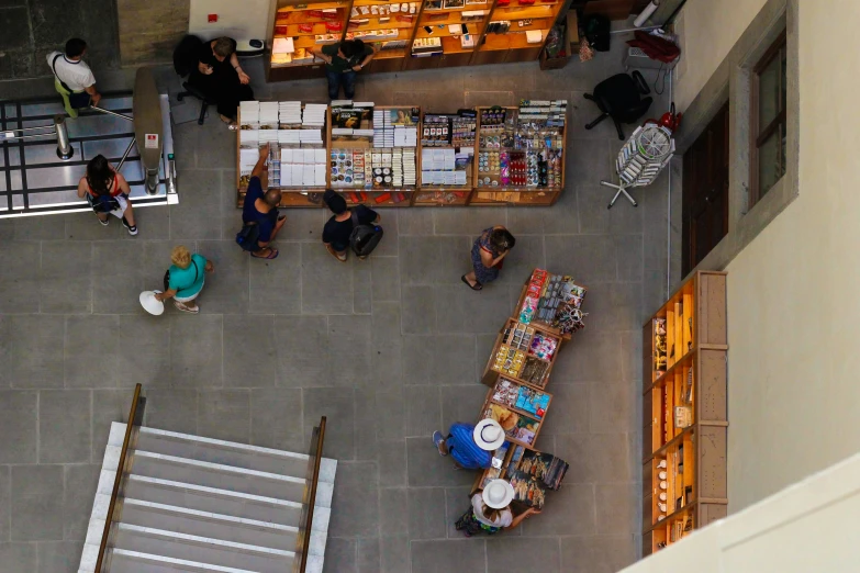 an overhead view shows a large square with various people walking around