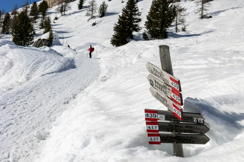 several road signs sticking out in the snow