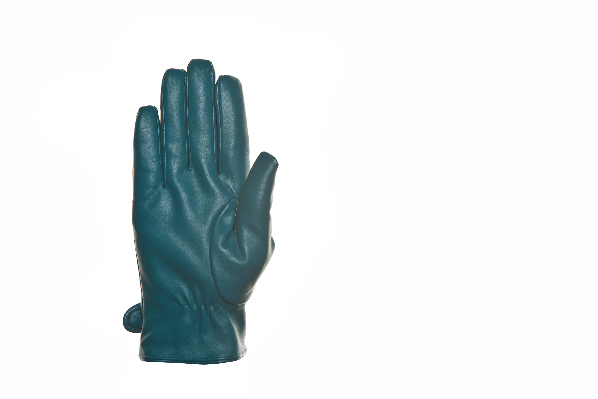 a blue leather glove with black fingers