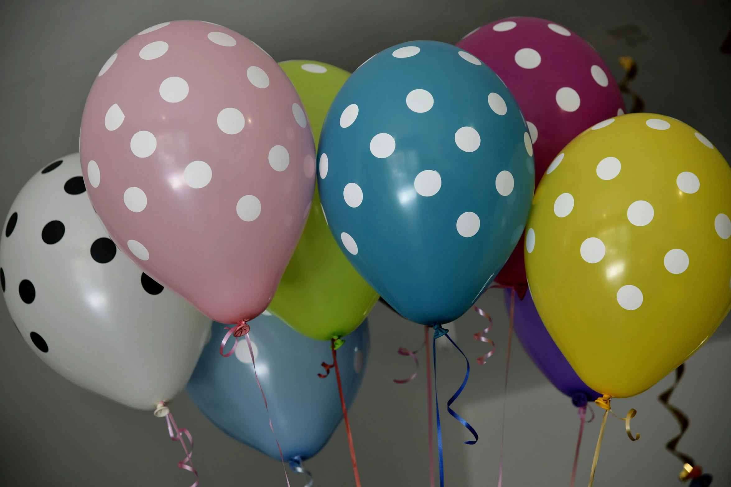 an array of colorful polka dots and balloons with streamers