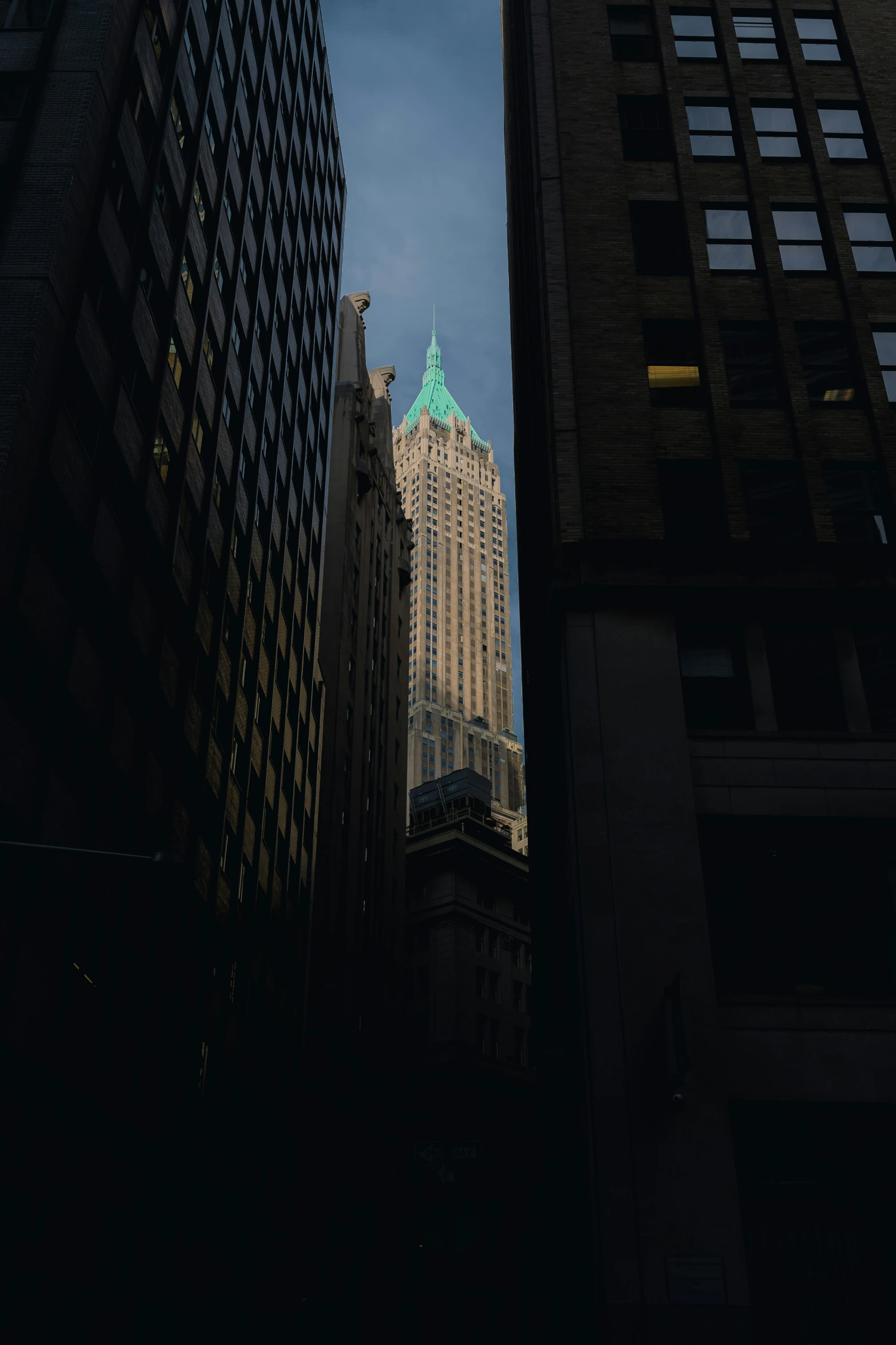 buildings and a building with a green roof stand tall in a city