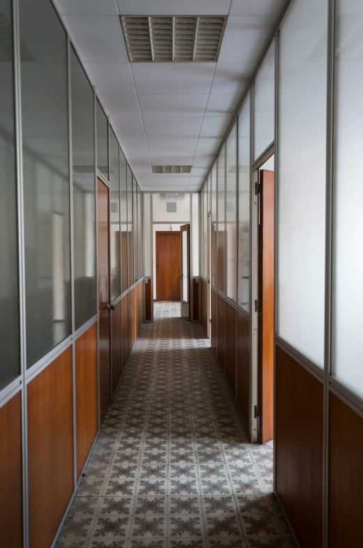 a row of closed wood door walls in an office building