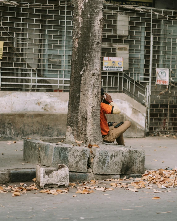 a man sitting on concrete block next to a tree