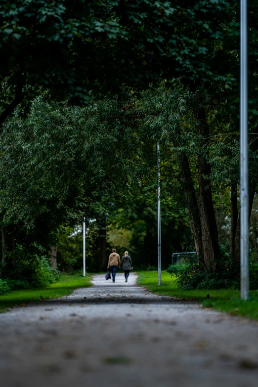 two people walking through a park and some green trees