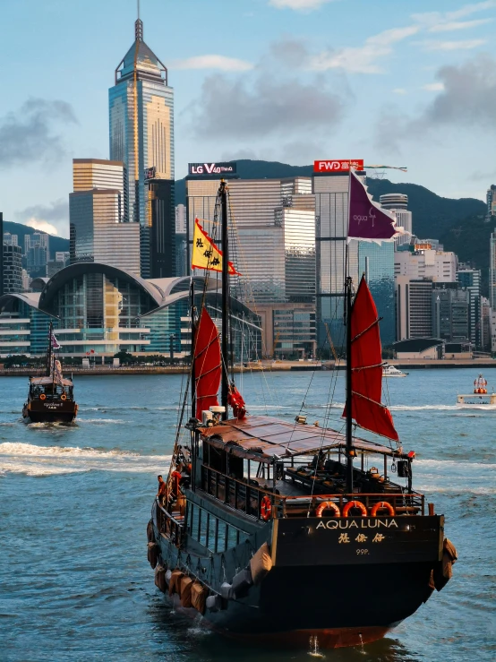 boats in the water with cityscape in the background