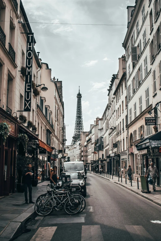 street view of small town with a tower towering over