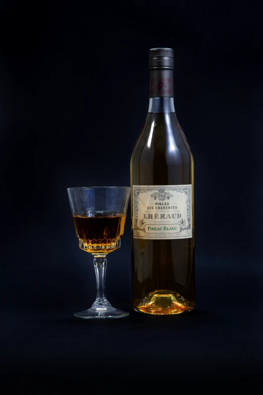 a bottle of wine next to a glass with an empty stem