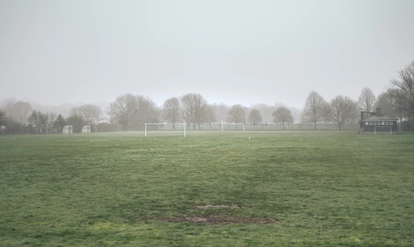 a grassy field with many soccer goal in the background