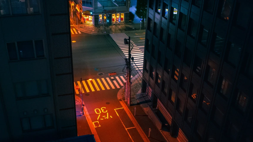 the view of a city street from above