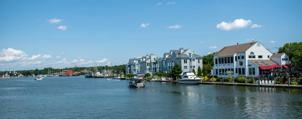 some boats in a harbor and houses near the water