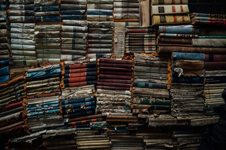 stacks of books and papers are piled up