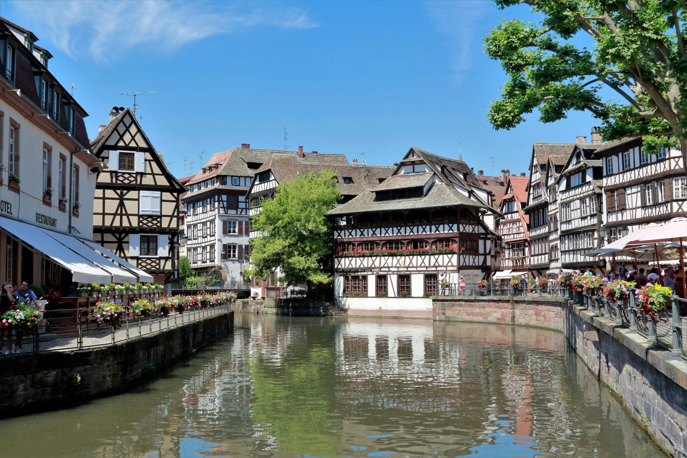 the buildings are next to a river and trees