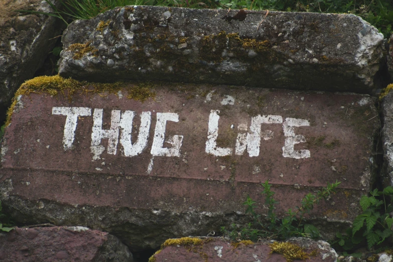 an old red cement street sign on rocks