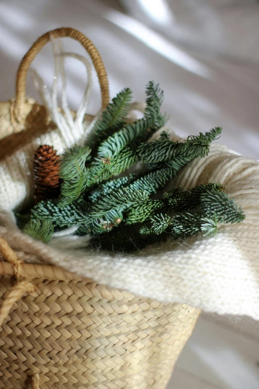 a christmas decoration in the shape of a basket with pine cones