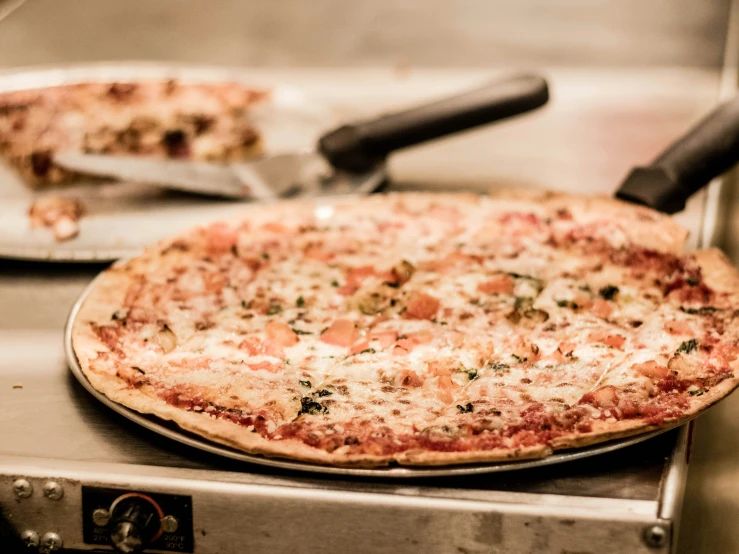 small homemade pizza sits on an industrial kitchen stove