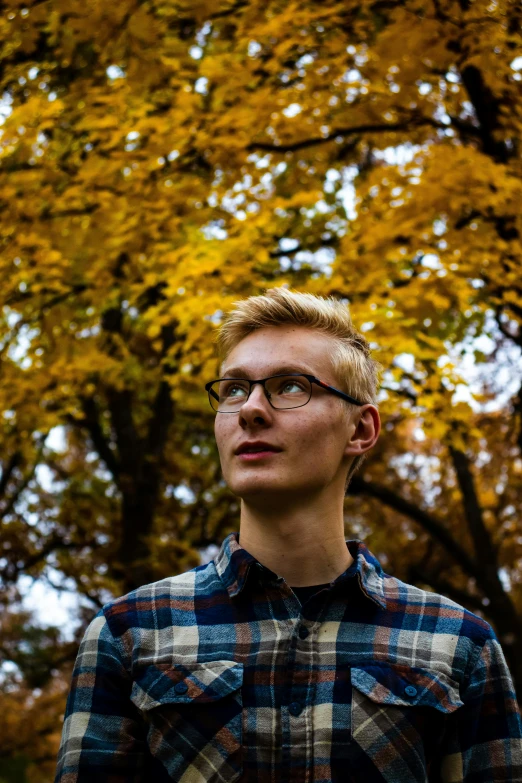 a young man with glasses looking up at trees in the background