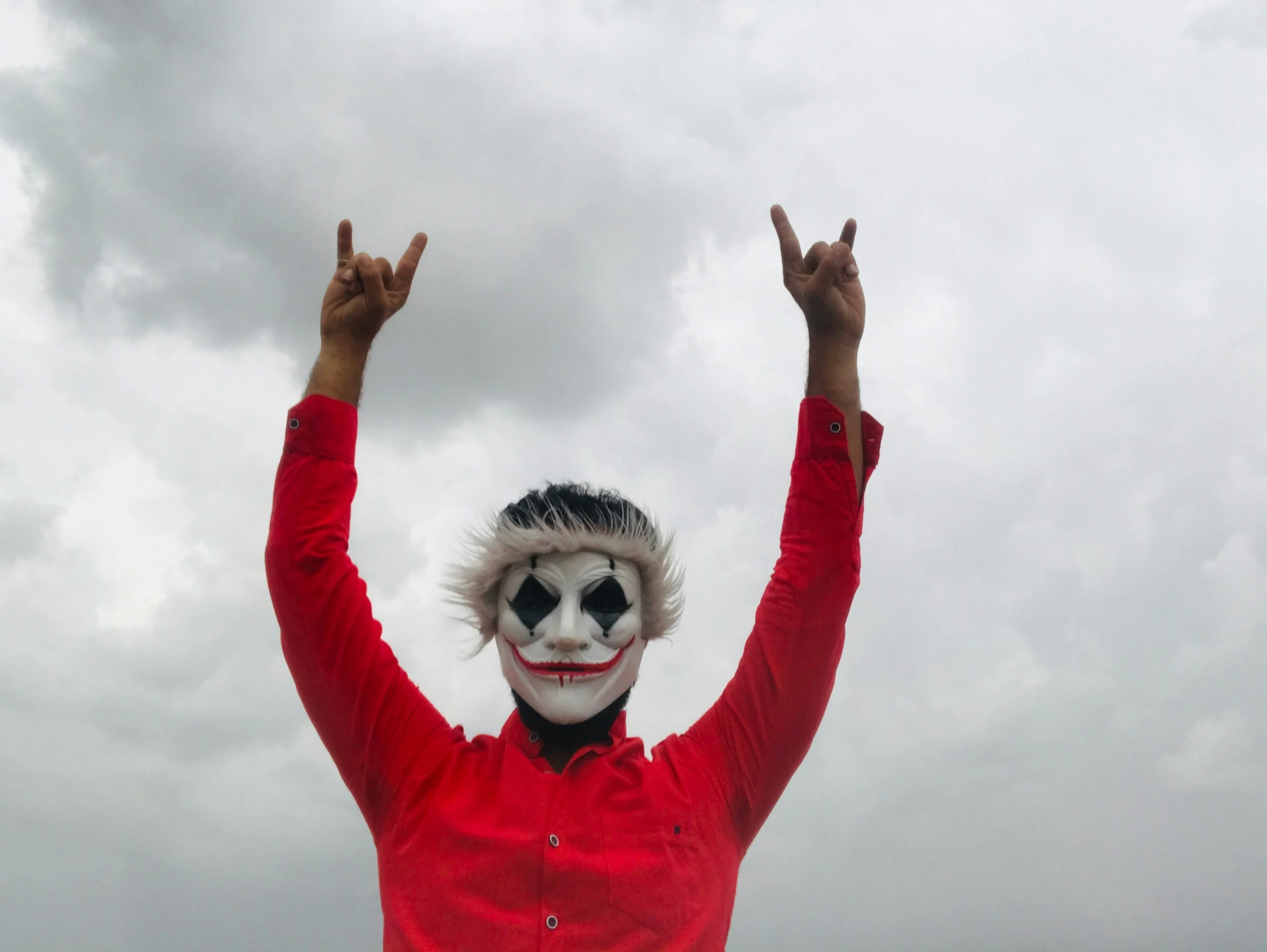 a clown is wearing a wig and standing in the sky