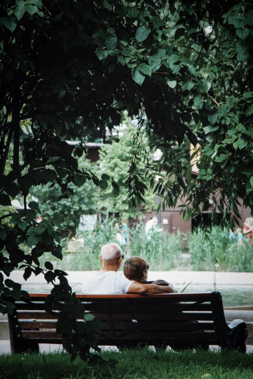 a man and woman sitting on a bench near some trees