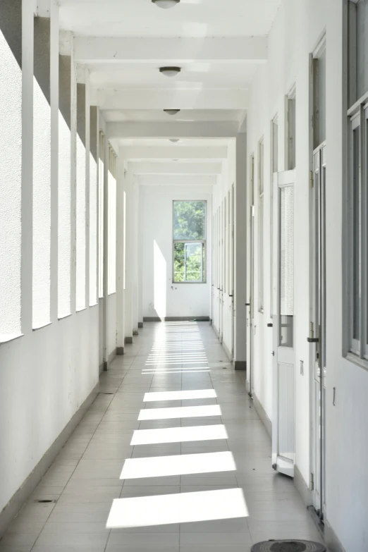 white buildings line the hallway with many windows