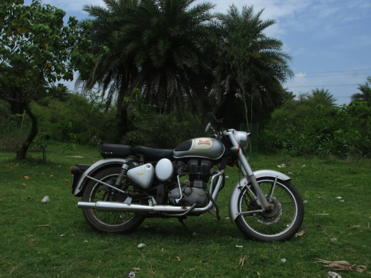 a parked motorcycle in the grass near trees