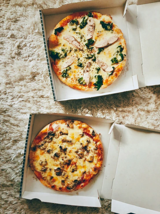 a couple of pizzas are in some boxes on the floor
