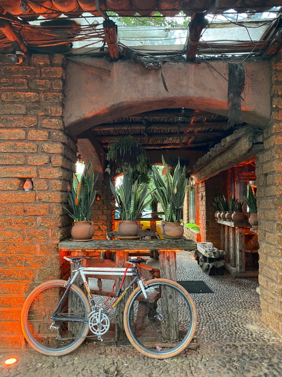 the bikes are lined up next to the bar