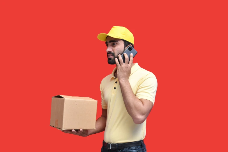 the man in the yellow hat is holding a box and talking on the phone