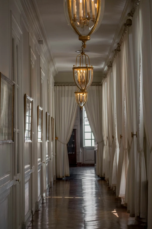 hallway with chandelier and ds between windows