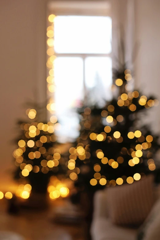 a lit christmas tree in a living room