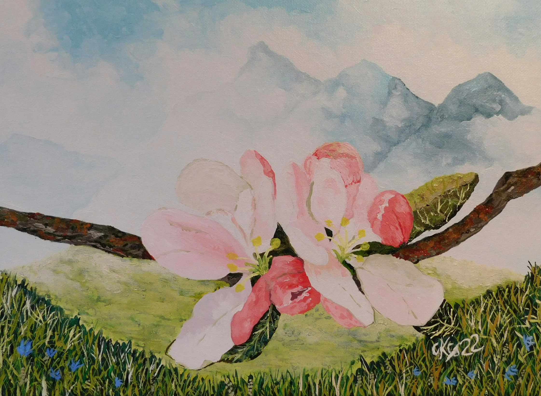 a painting shows pink flowers and green grass