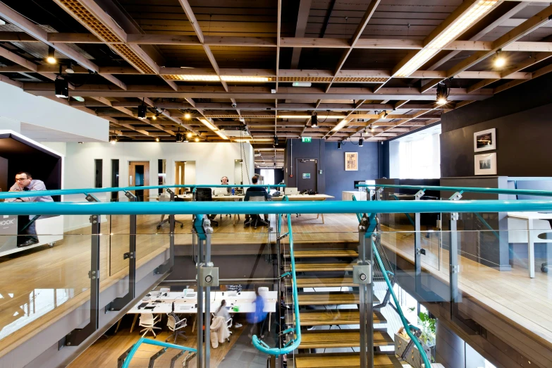 a stairwell leads up into an office building