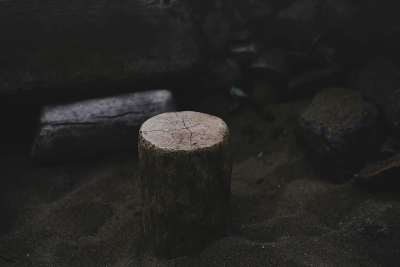 the wooden stump is in front of rocks and gravel