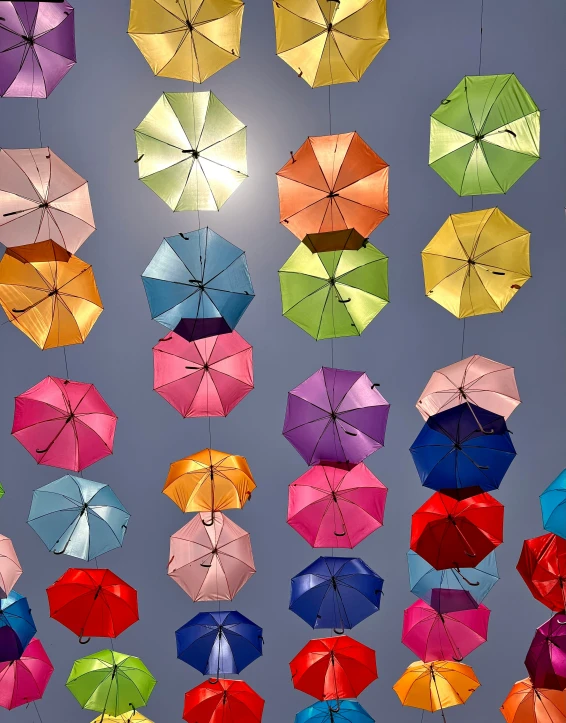 many umbrellas are hung on the wall in this group