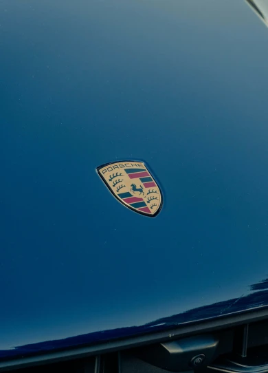 a view of the front hood of a car with the emblem