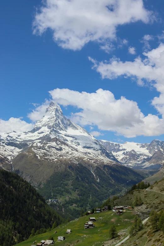 a mountain is covered in snow with some green vegetation on the ground