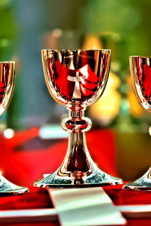 three small shiny goblets stand at attention on a red table