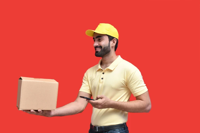 a man in a yellow hat holding a box