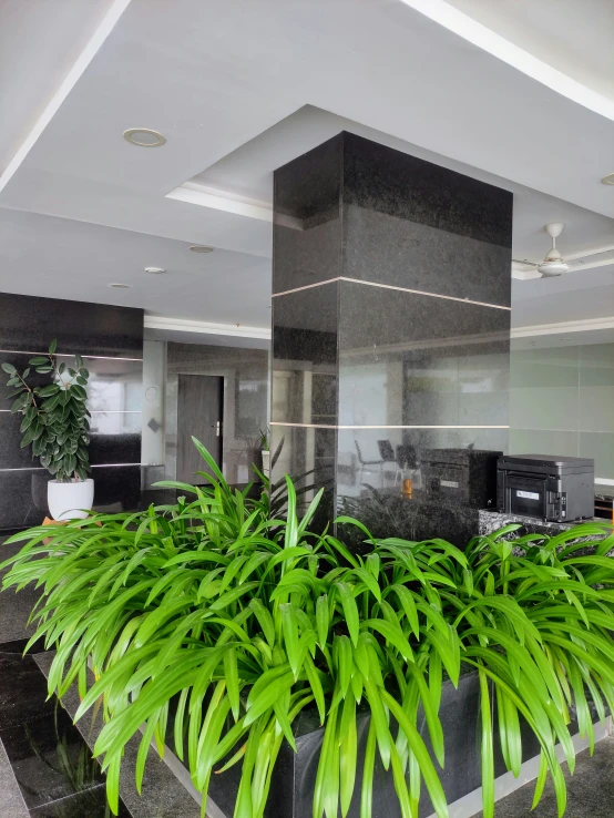 a planter filled with lush green plants inside of a building